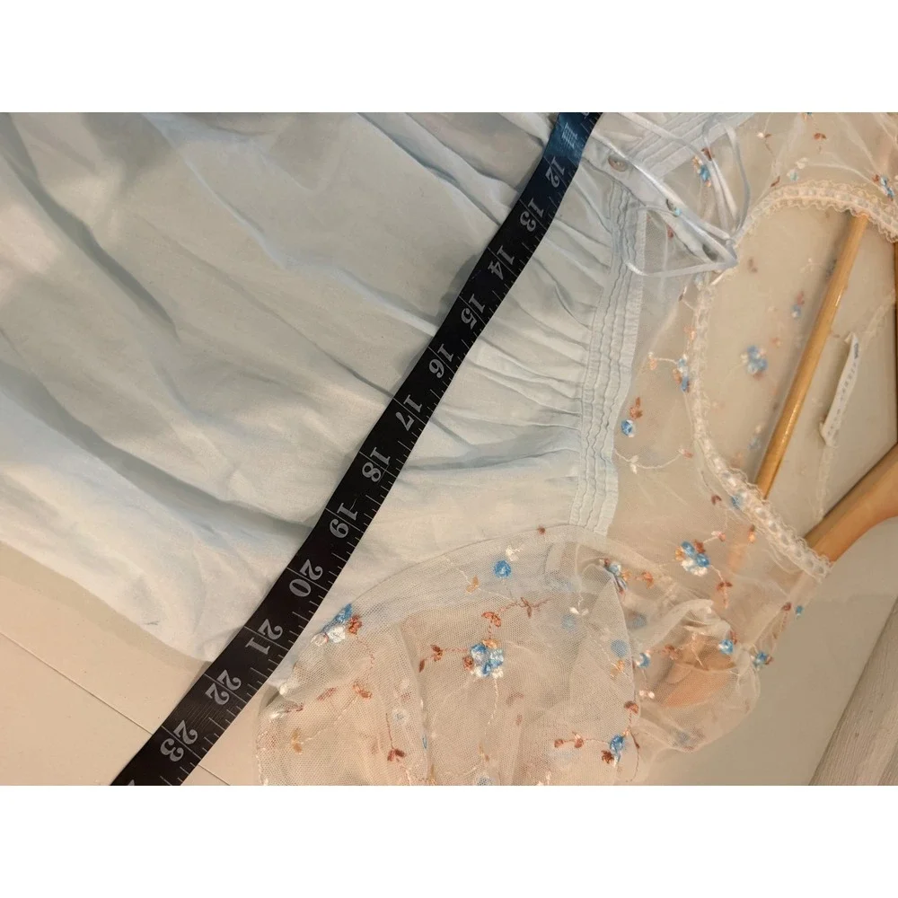 Eileen West Blue Cotton Embroidered Mesh Sleeve Lawn Nightgown Victorian Style M - Picture 10 of 12